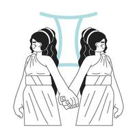 Gemini zodiac sign monochrome concept vector spot illustration. Women twins holding hands 2D flat bw cartoon character for web UI design. Astrology isolated editable hand drawn hero image
