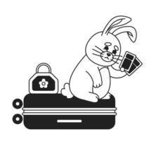 Cute rabbit traveler sitting on luggage monochromatic flat vector character. Tourist bunny with tickets. Editable thin line full body personage on white. Simple bw cartoon spot image for web design