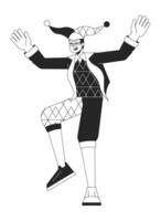 Joker in medieval costume flat line black white vector character. Funny man dancing. Entertainment. Editable outline full body person. Simple cartoon isolated spot illustration for web graphic design