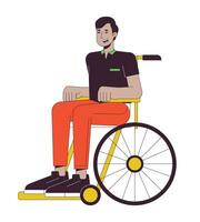 Indian man in wheelchair flat line color vector character. Person with disability. Young man. Editable outline full body person on white. Simple cartoon spot illustration for web graphic design
