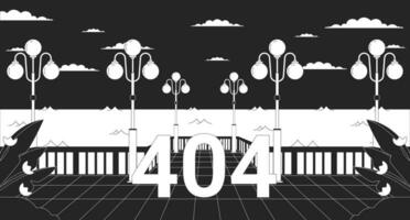 Night waterfront streetlights black white error 404 flash message. City quay, lampposts. Monochrome landing page ui design. Not found cartoon image, dreamy vibes. Vector flat outline illustration