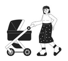 Going for walk monochrome concept vector spot illustration. Babysitter. Mother pushing baby stroller 2D flat bw cartoon characters for web UI design. Parenting isolated editable hand drawn hero image