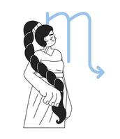 Scorpio zodiac sign monochrome concept vector spot illustration. Brunette woman with braid hairstyle 2D flat bw cartoon character for web UI design. Astrology isolated editable hand drawn hero image