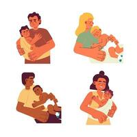 Parenthood flat concept vector spot illustrations set. Parents taking care of babies. Toddlers in sling 2D cartoon characters on white for web UI design. Isolated editable creative hero images pack