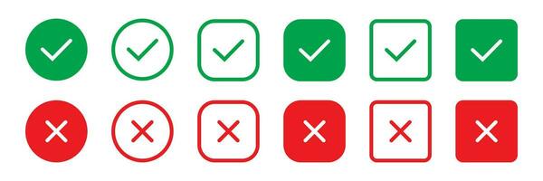 Set green approval check mark and red cross icons in circle and square, checklist signs, flat checkmark approval badge, isolated vector tick symbols.