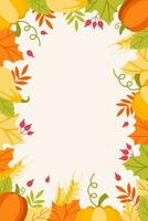 Autumn vertical frame with autumn vegetables and leaves. Flat style vector