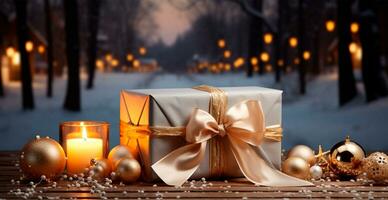 Beautiful Christmas gift box on bright bokeh background - AI generated image photo