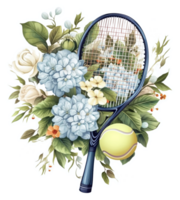 tennis racket med blommor. vattenfärg klistermärke. ai generativ png