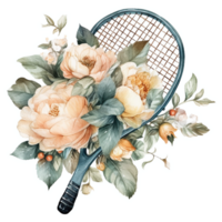 tennis racket med blommor. vattenfärg klistermärke. ai generativ png