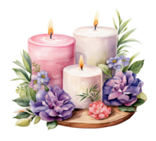 Watercolor aromatic candles and flowers on a wood board isolated on transparent background. AI Generative png