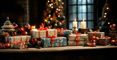 Beautiful Christmas table with many gifts - AI generated image photo