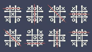 Classic child's play of tic tac toe. Set of Hand drawn outline templates famous exciting game on black background. Cross, zero, lines. Competition concept,  puzzle, business. Vector illustration