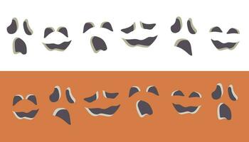 Hand drawn spooky faces isolated on white and orange background. Set of Halloween creepy monsters with different emotions and facial expressions. Vector cartoon illustration for Halloween party