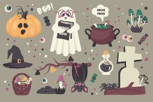 Set of Halloween kids elements . Hand drawn doodle cute creepy characters isolated. Pumpkin, ghost, spider, bat, halloween candy, potion cauldron, tomb, mushrooms, eyes. Vector cartoon illustration