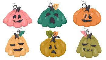 Víspera de Todos los Santos calabaza. conjunto de Siniestro mano dibujado escalofriante caracteres con diferente emociones de miedo monstruos con varios facial expresiones vector dibujos animados ilustración para Víspera de Todos los Santos fiesta, fiesta