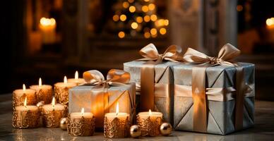 Beautiful Christmas gift box on bright bokeh background - AI generated image photo