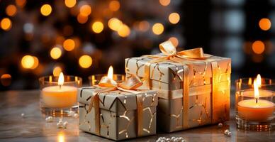 Beautiful Christmas gift box on bright bokeh background - AI generated image photo