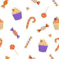 Halloween seamless pattern with candy and sweets on white background. Trick or treat. Vector illustration