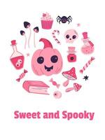 Happy Halloween party poster, invitation, background. Pinkcore style vector illustration. Pumpkin, poison, skull, mushrooms, sweets, candy, spider