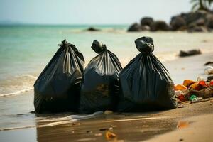 playa limpiar, grande pantalones sostener recogido el plastico y otro residuos ai generado foto