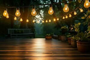 Garden path beckons from wooden porch adorned with hanging lights AI Generated photo