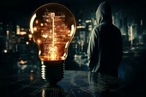 Hackers silhouette with circuit lamp against abstract dark hacking backdrop AI Generated photo