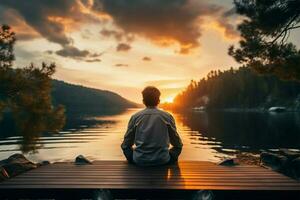 Horizon kissed as man gazes from deck, lake reflecting sunset AI Generated photo