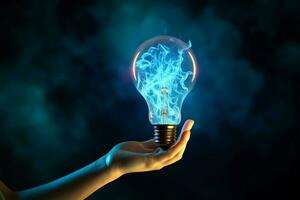 Hand, idea lamp, and blue smoke converge, solution through innovation AI Generated photo