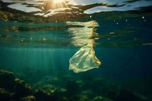 submarino, un el plastico bolso contamina el Oceano ai generado foto