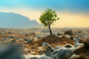 visual metáfora para clima cambiar, un árbol, el plastico, y sequía ai generado foto