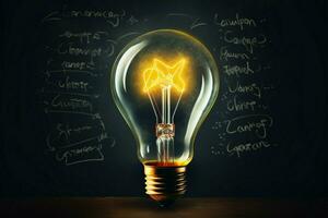 Creativity takes form on a chalkboard as a hand drawn lightbulb AI Generated photo