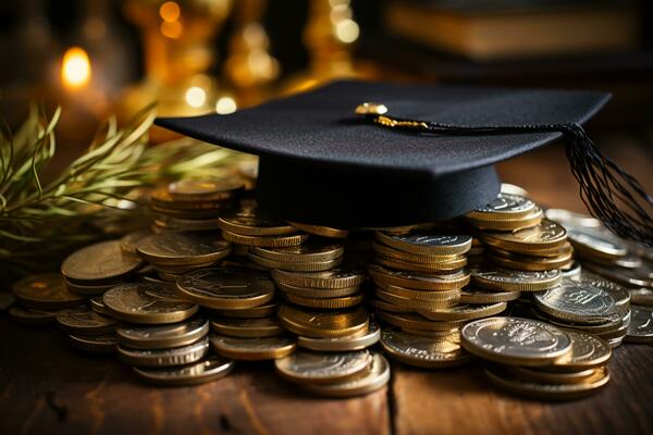 Graduation hat surrounded by coins - education funding or scholarship AI Generated