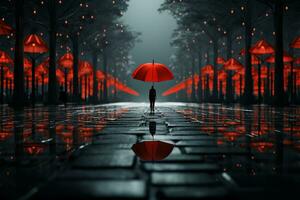 Urban view, a single red umbrella distinguishes from black AI Generated photo