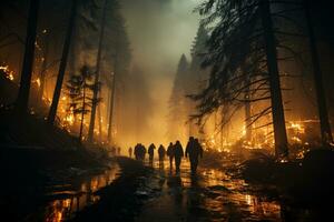 fuera de control bosque fuego, valiente bomberos trabajando el noche cambio ai generado foto