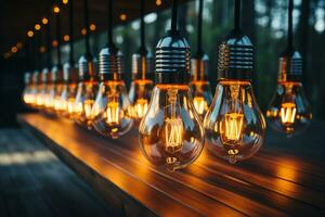 Retro light bulbs, teamwork - innovation, leadership - wooden backdrop AI Generated photo