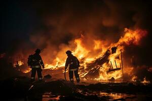 silueta de dos bomberos luchando un furioso fuego con enorme llamas de ardiente chatarra ai generado foto