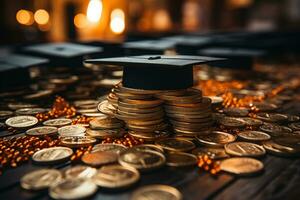 Graduation hat amidst coins on white backdrop - education savings AI Generated photo