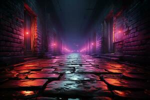 Urban grunge, Brick walls, neon lights, smoky ambiance AI Generated photo