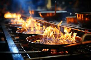 Culinary fire, blue and yellow flames from kitchen stove AI Generated photo