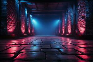 Neon noir atmosphere, Empty room, brick walls, concrete floor, neon light, smoke AI Generated photo