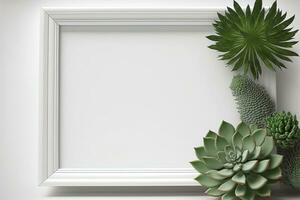 The area in the white, blank frame is for your graphic. Mockup. Use succulents as decor. looking up. Real world panorama image. Generative AI photo