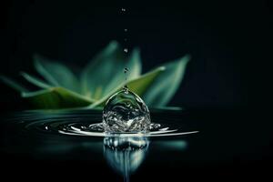 Water drop fall black green plant. Generate Ai photo