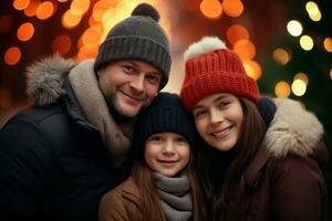 Family of three christmas scene bright decorated. Generate Ai photo
