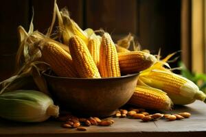 Bowl corn seed with ripe corn cobs. Generate Ai photo