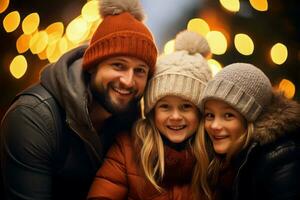 Family of three christmas scene bright. Generate Ai photo