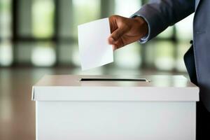 Hand man inserting envelope in ballot box. Generate Ai photo
