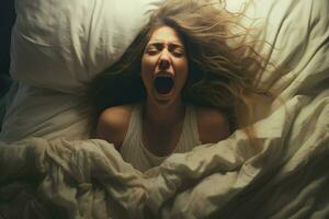 Beautiful woman screaming in bed. Generate Ai photo