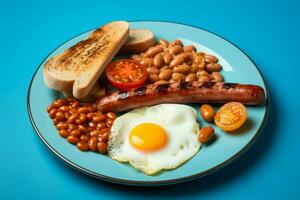 Inglés desayuno en plato azul antecedentes. generar ai foto