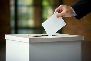 mano insertando sobre en votación caja elección. generar ai foto