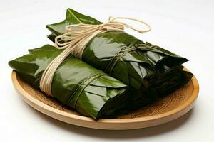 Green zongzi wrapped cooked. Generate Ai photo